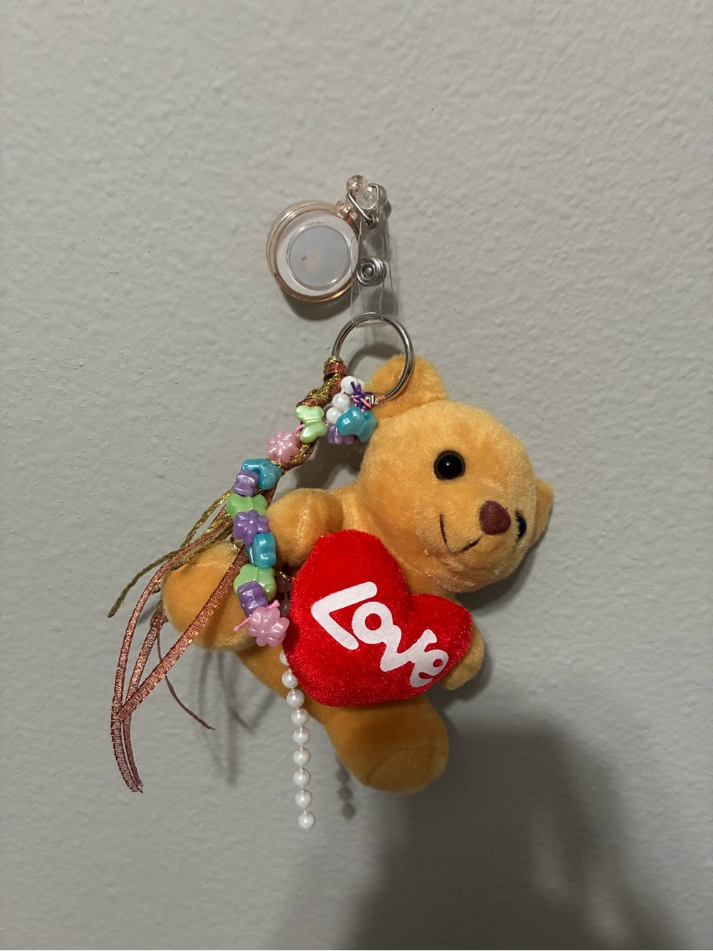 Handmade Plush Bear Keychain adjustable name tag clip with Red 'Love' Heart -